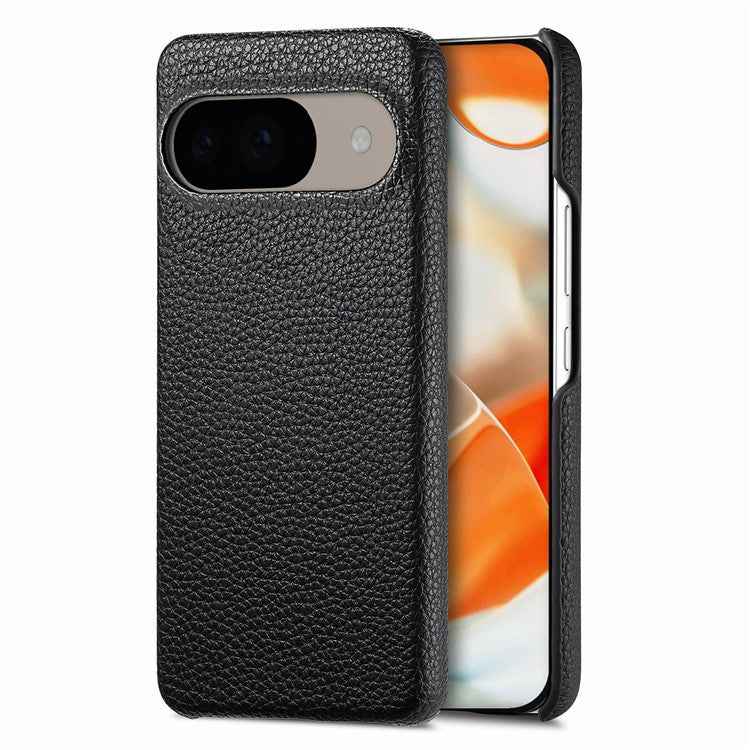 For Google Pixel 9 Pro / Pixel 9 Back Case Litchi Texture PU Leather PC Hard Cover - Black