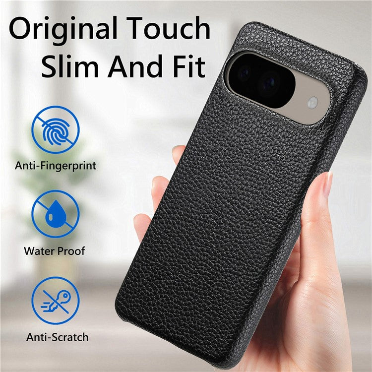 For Google Pixel 9 Pro / Pixel 9 Back Case Litchi Texture PU Leather PC Hard Cover - Black