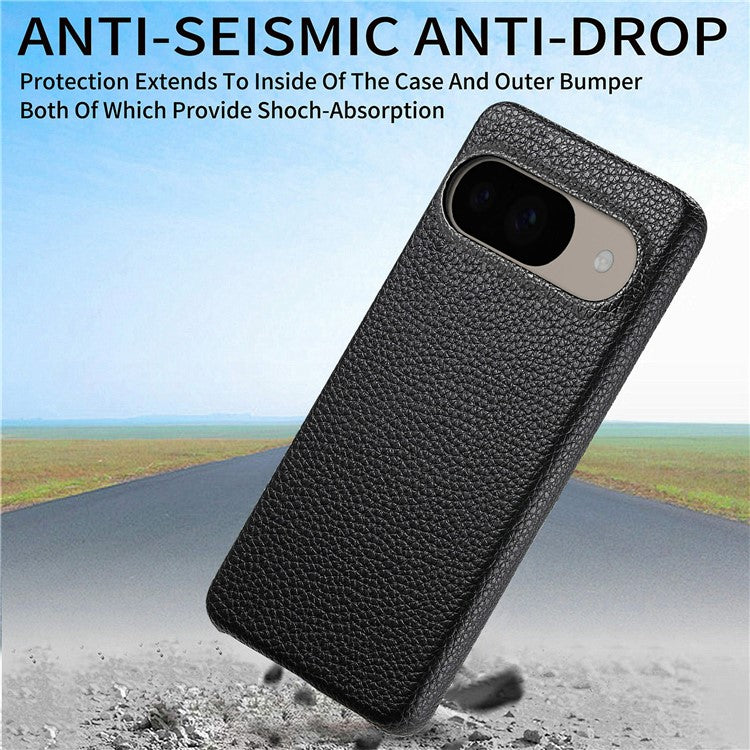 For Google Pixel 9 Pro / Pixel 9 Back Case Litchi Texture PU Leather PC Hard Cover - Black