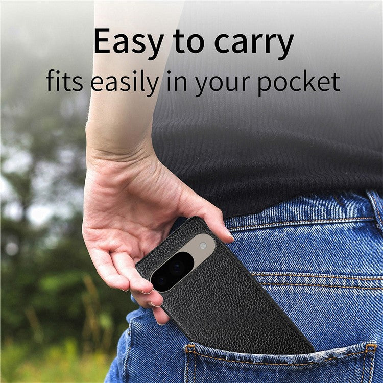 For Google Pixel 9 Pro / Pixel 9 Back Case Litchi Texture PU Leather PC Hard Cover - Black