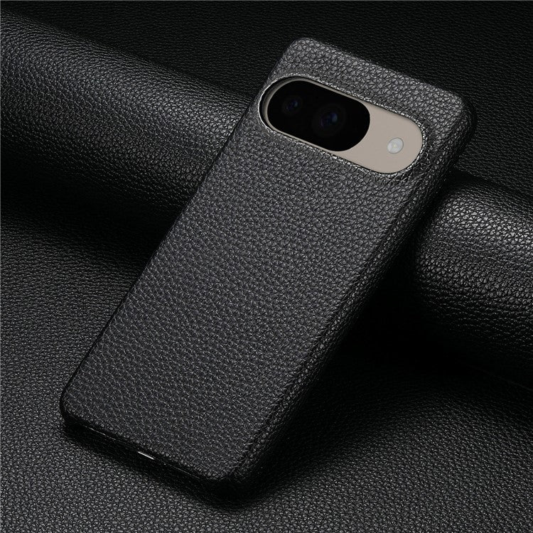 For Google Pixel 9 Pro / Pixel 9 Back Case Litchi Texture PU Leather PC Hard Cover - Black