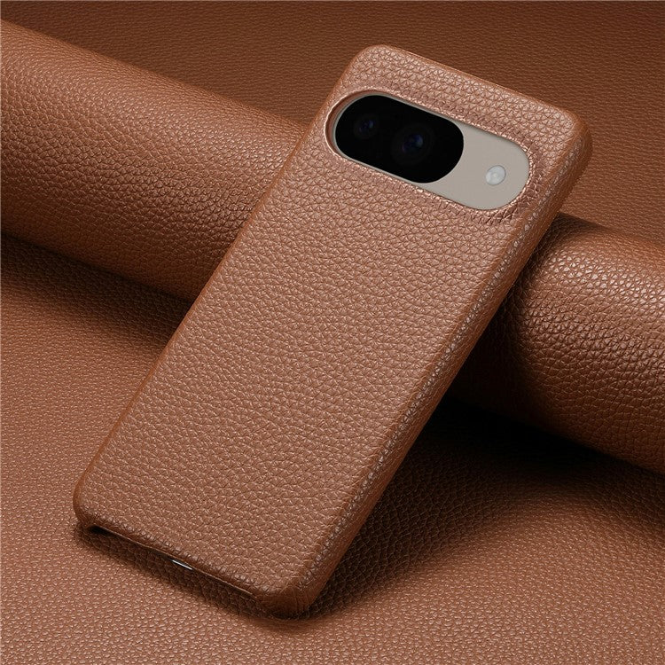 For Google Pixel 9 Pro / Pixel 9 Back Case Litchi Texture PU Leather PC Hard Cover - Brown