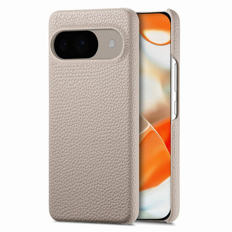 For Google Pixel 9 Pro / Pixel 9 Back Case Litchi Texture PU Leather PC Hard Cover - Khaki
