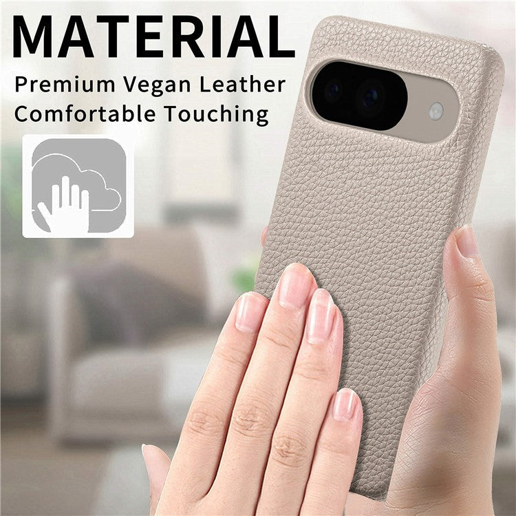 For Google Pixel 9 Pro / Pixel 9 Back Case Litchi Texture PU Leather PC Hard Cover - Khaki