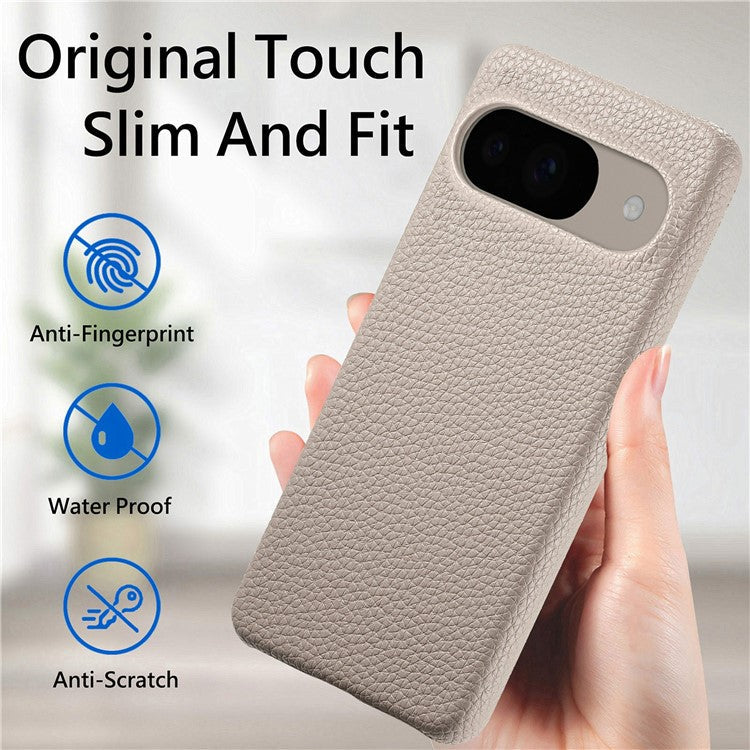 For Google Pixel 9 Pro / Pixel 9 Back Case Litchi Texture PU Leather PC Hard Cover - Khaki