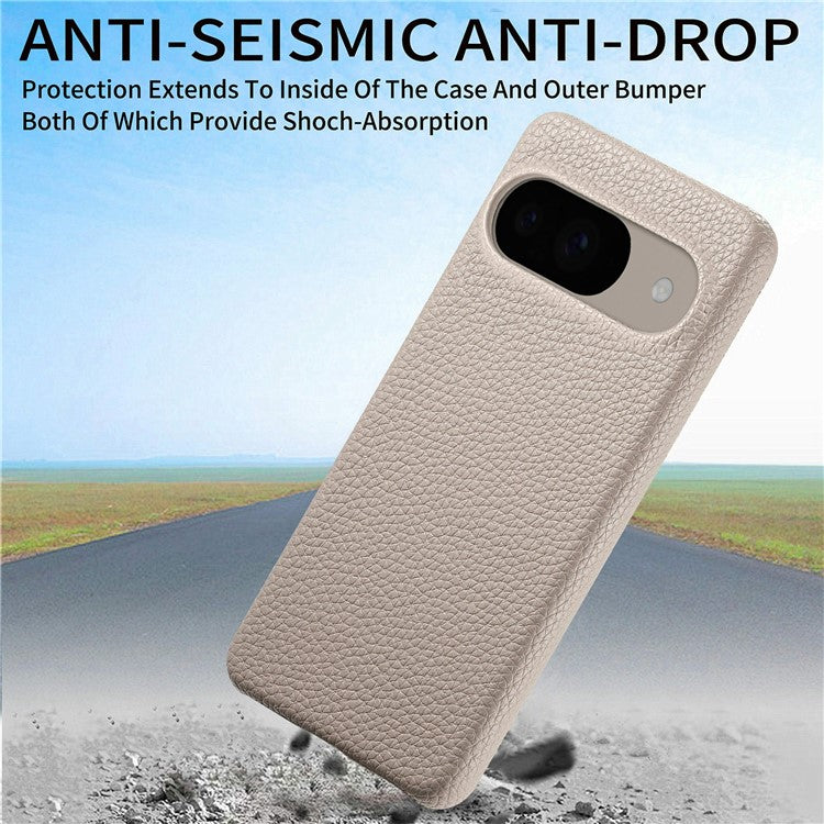 For Google Pixel 9 Pro / Pixel 9 Back Case Litchi Texture PU Leather PC Hard Cover - Khaki