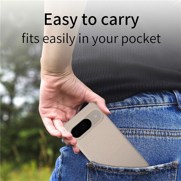For Google Pixel 9 Pro / Pixel 9 Back Case Litchi Texture PU Leather PC Hard Cover - Khaki
