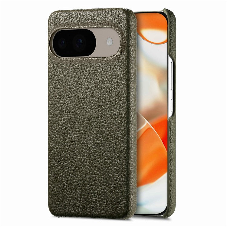 For Google Pixel 9 Pro / Pixel 9 Back Case Litchi Texture PU Leather PC Hard Cover - Army Green