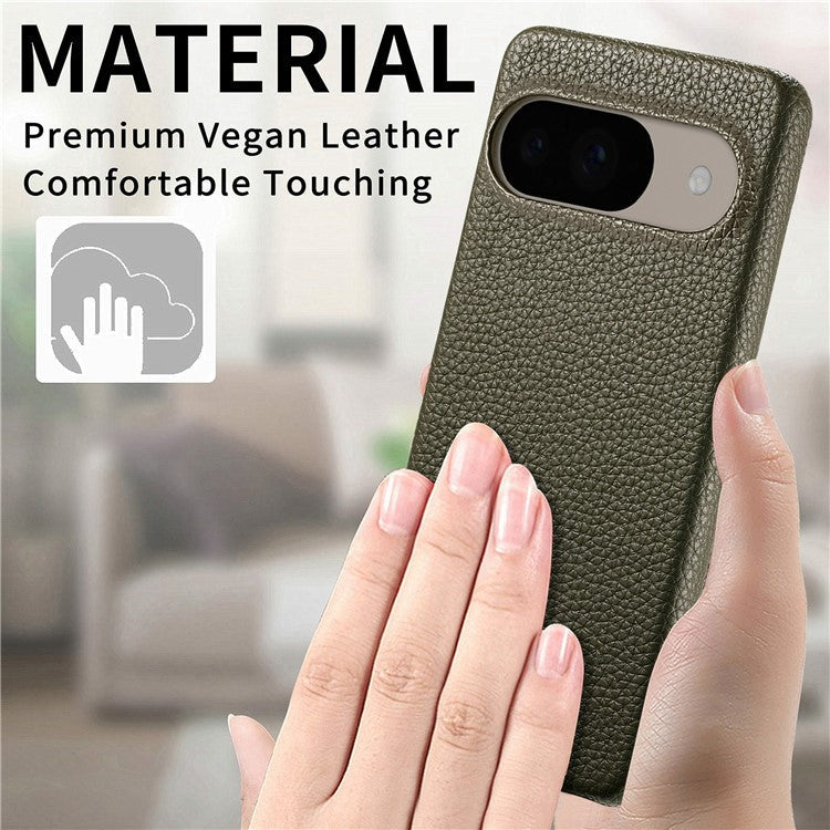 For Google Pixel 9 Pro / Pixel 9 Back Case Litchi Texture PU Leather PC Hard Cover - Army Green