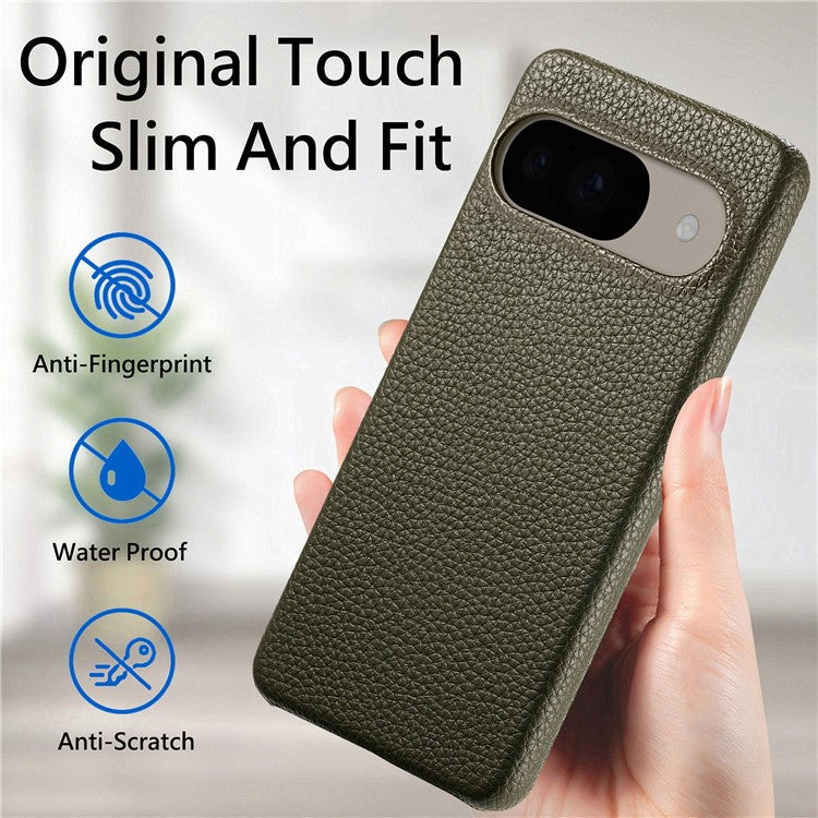 For Google Pixel 9 Pro / Pixel 9 Back Case Litchi Texture PU Leather PC Hard Cover - Army Green
