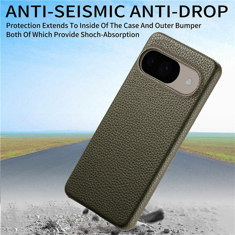 For Google Pixel 9 Pro / Pixel 9 Back Case Litchi Texture PU Leather PC Hard Cover - Army Green