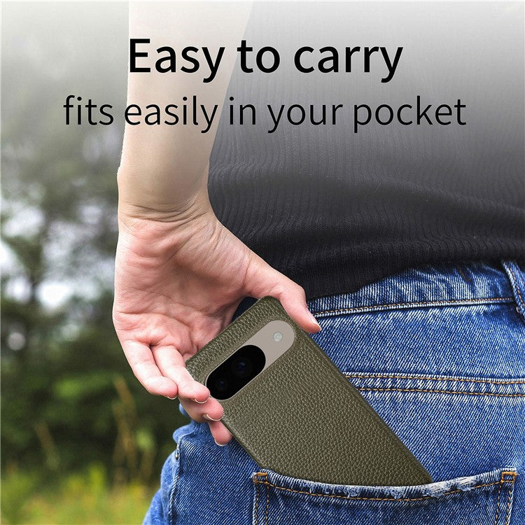 For Google Pixel 9 Pro / Pixel 9 Back Case Litchi Texture PU Leather PC Hard Cover - Army Green