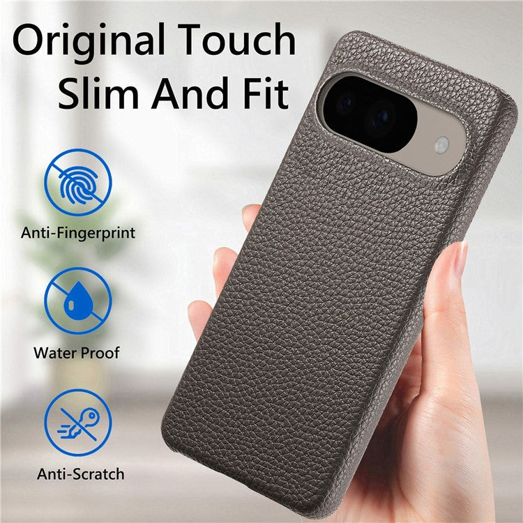 For Google Pixel 9 Pro / Pixel 9 Back Case Litchi Texture PU Leather PC Hard Cover - Grey