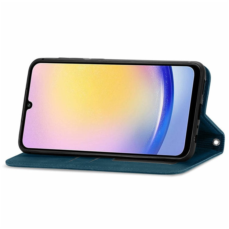 For Samsung Galaxy A25 5G (Global) (161.0 x 76.5 x 8.3mm) Case Skin Touch Feeling Card Slot Leather Phone Cover Stand Magnetic Absorption - Dark Blue
