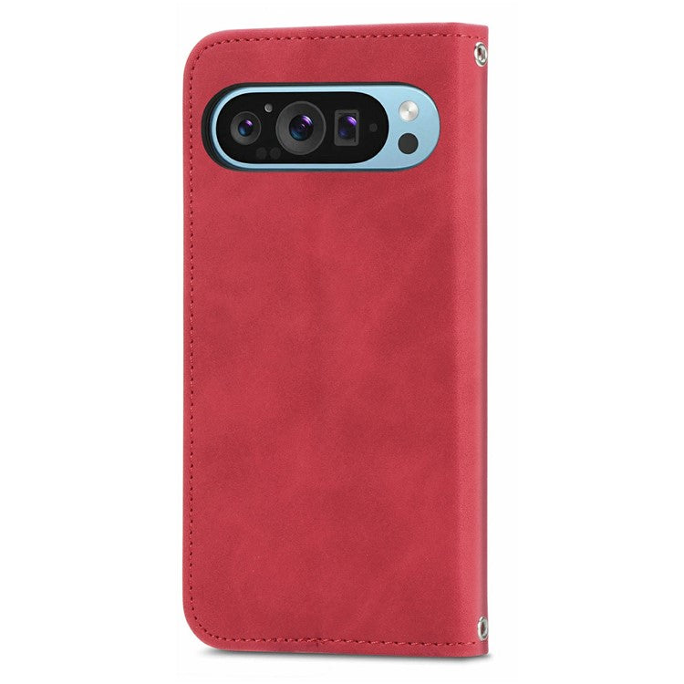 For Google Pixel 9 Pro XL Case Skin Touch Feeling Card Slot Leather Phone Cover Stand Magnetic Absorption - Red