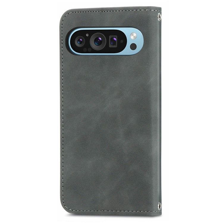 For Google Pixel 9 Pro XL Case Skin Touch Feeling Card Slot Leather Phone Cover Stand Magnetic Absorption - Grey