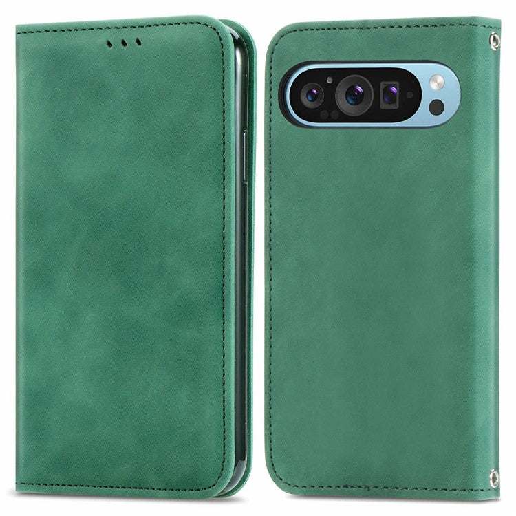 For Google Pixel 9 Pro XL Case Skin Touch Feeling Card Slot Leather Phone Cover Stand Magnetic Absorption - Green