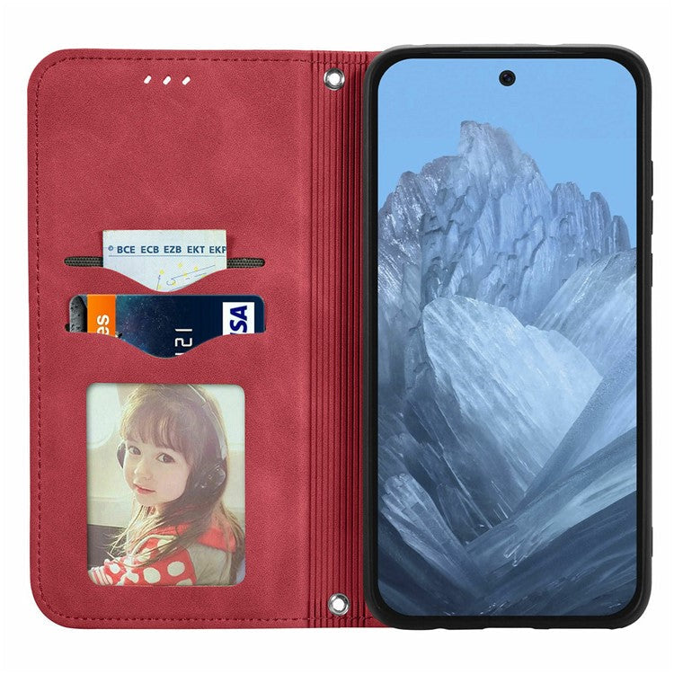 For Google Pixel 9 Pro / Pixel 9 Case Skin Touch Feeling Card Slot Leather Phone Cover Stand Magnetic Absorption - Red
