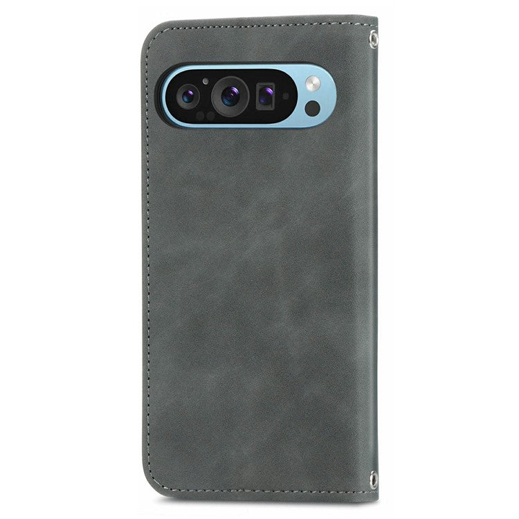 For Google Pixel 9 Pro / Pixel 9 Case Skin Touch Feeling Card Slot Leather Phone Cover Stand Magnetic Absorption - Grey