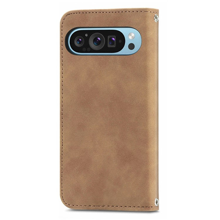 For Google Pixel 9 Pro / Pixel 9 Case Skin Touch Feeling Card Slot Leather Phone Cover Stand Magnetic Absorption - Brown