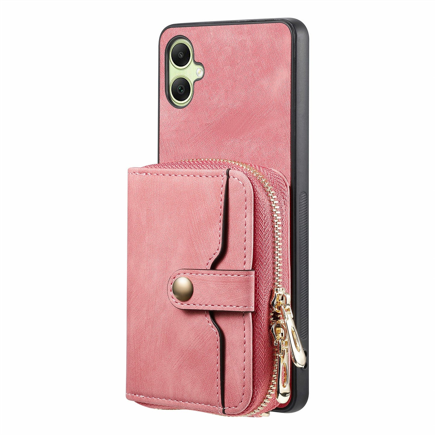 For Samsung Galaxy A06 Case Zipper Wallet Leather Phone Back Cover Kickstand with Shoulder Strap - Pink