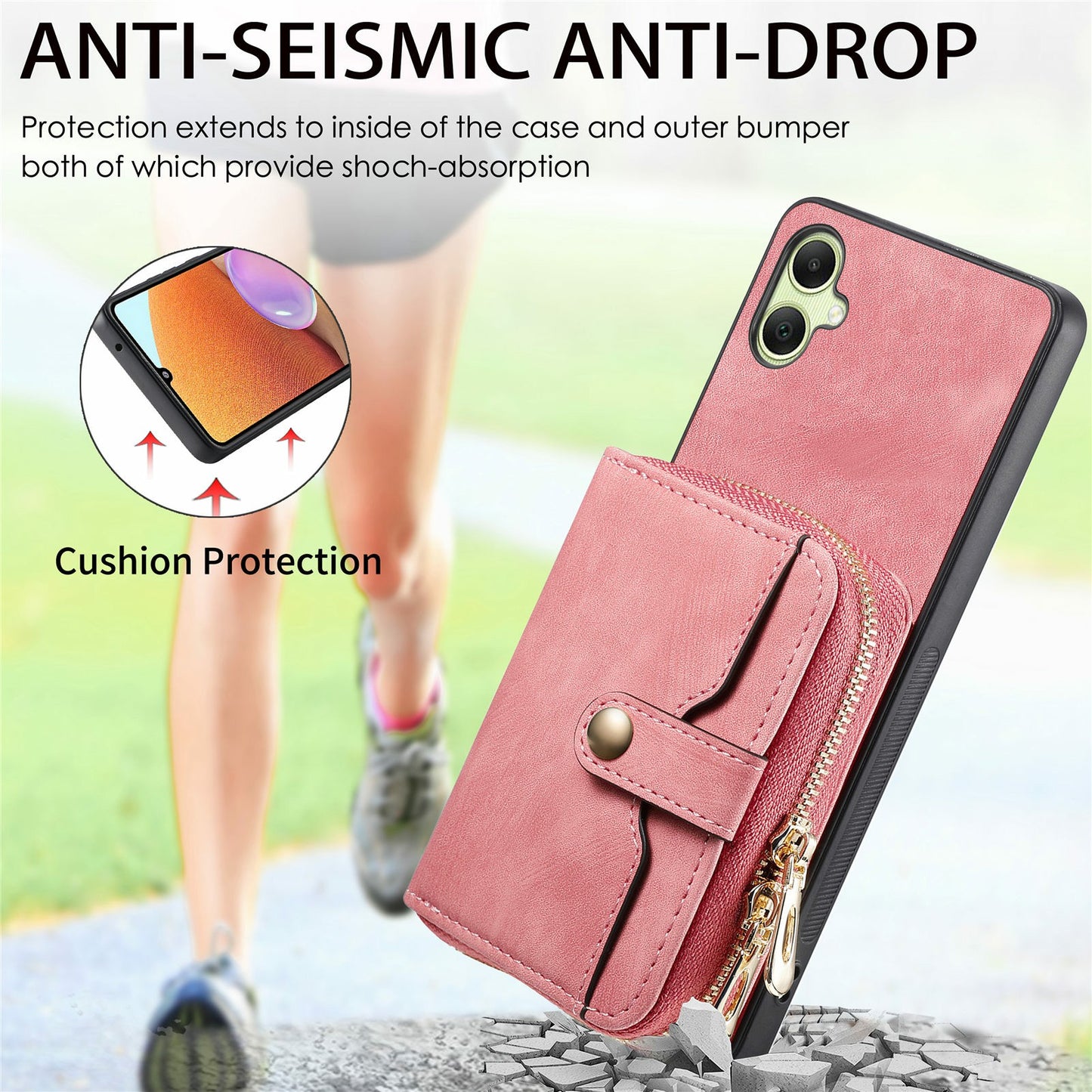 For Samsung Galaxy A06 Case Zipper Wallet Leather Phone Back Cover Kickstand with Shoulder Strap - Pink