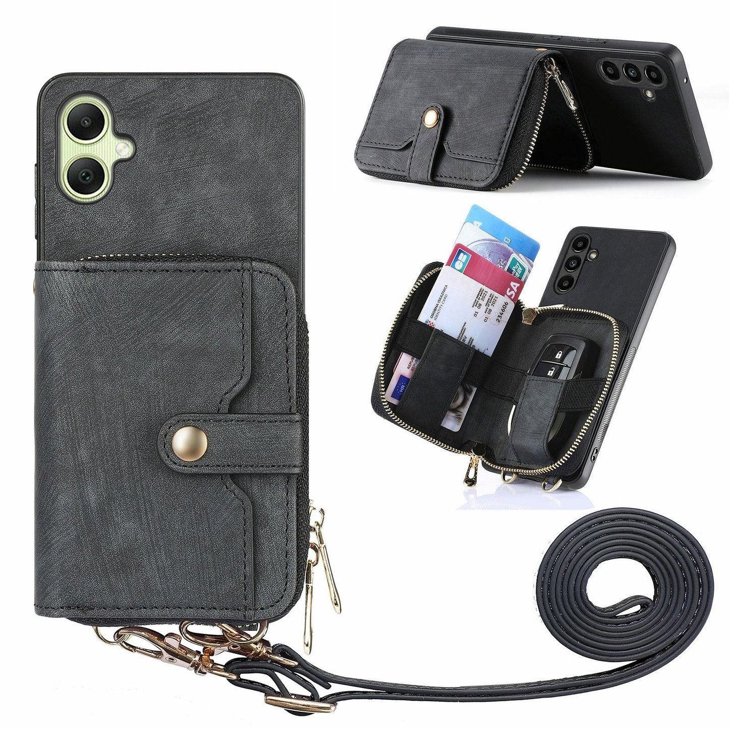 For Samsung Galaxy A06 Case Zipper Wallet Leather Phone Back Cover Kickstand with Shoulder Strap - Black