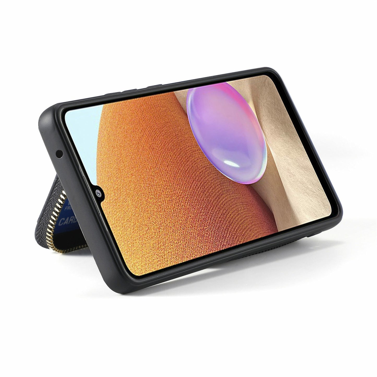 For Samsung Galaxy A06 Case Zipper Wallet Leather Phone Back Cover Kickstand with Shoulder Strap - Black