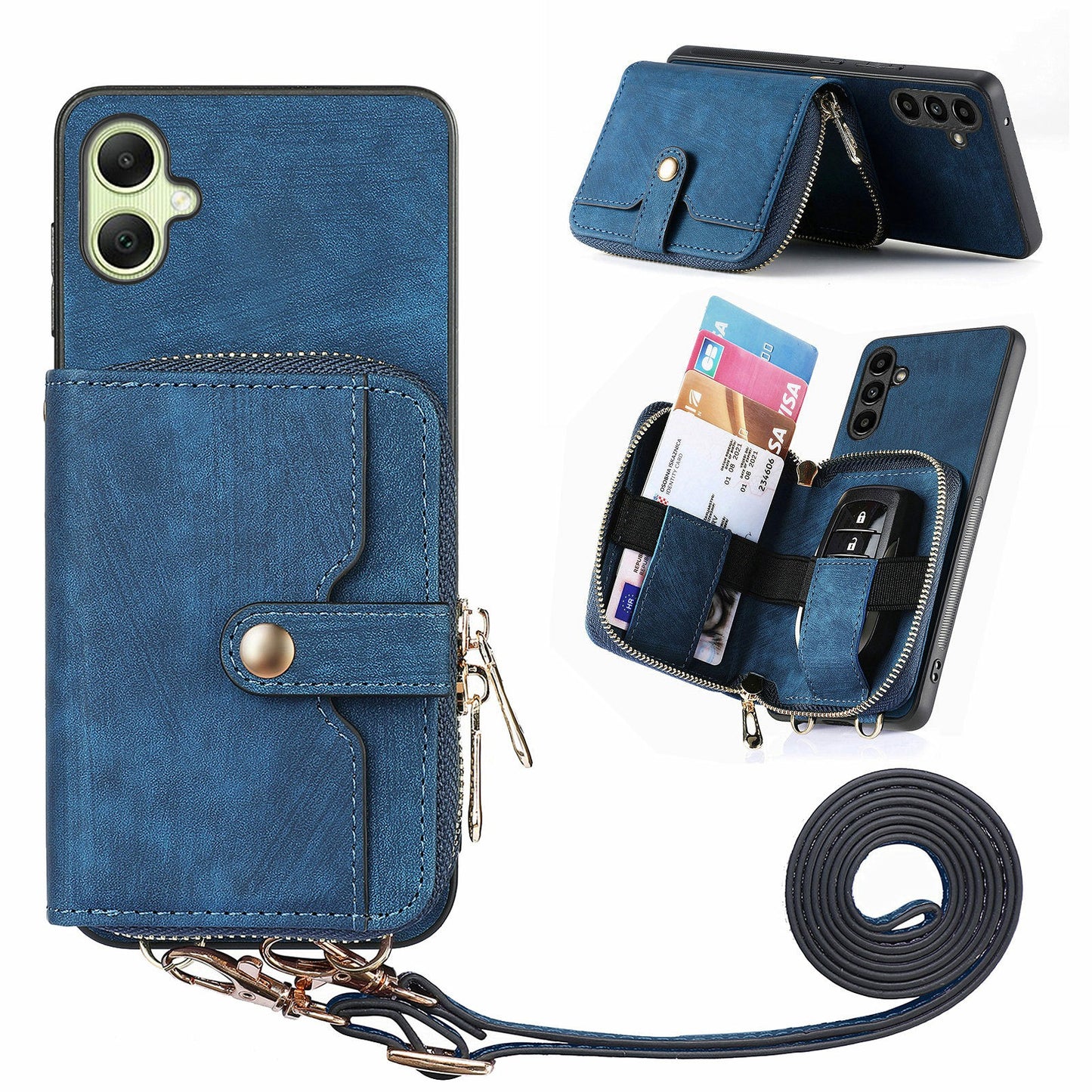 For Samsung Galaxy A06 Case Zipper Wallet Leather Phone Back Cover Kickstand with Shoulder Strap - Blue
