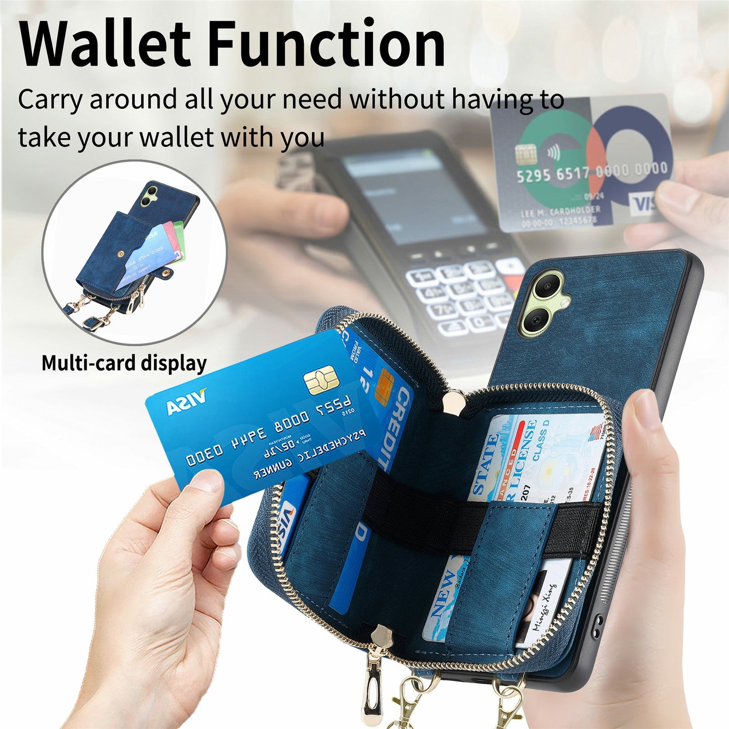 For Samsung Galaxy A06 Case Zipper Wallet Leather Phone Back Cover Kickstand with Shoulder Strap - Blue