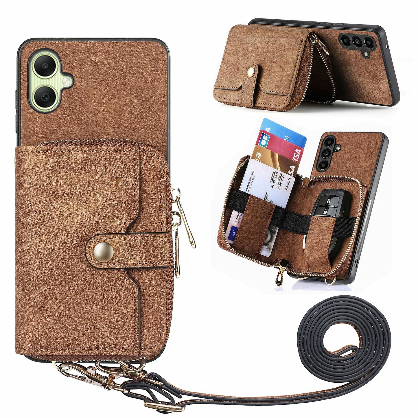 For Samsung Galaxy A06 Case Zipper Wallet Leather Phone Back Cover Kickstand with Shoulder Strap - Brown