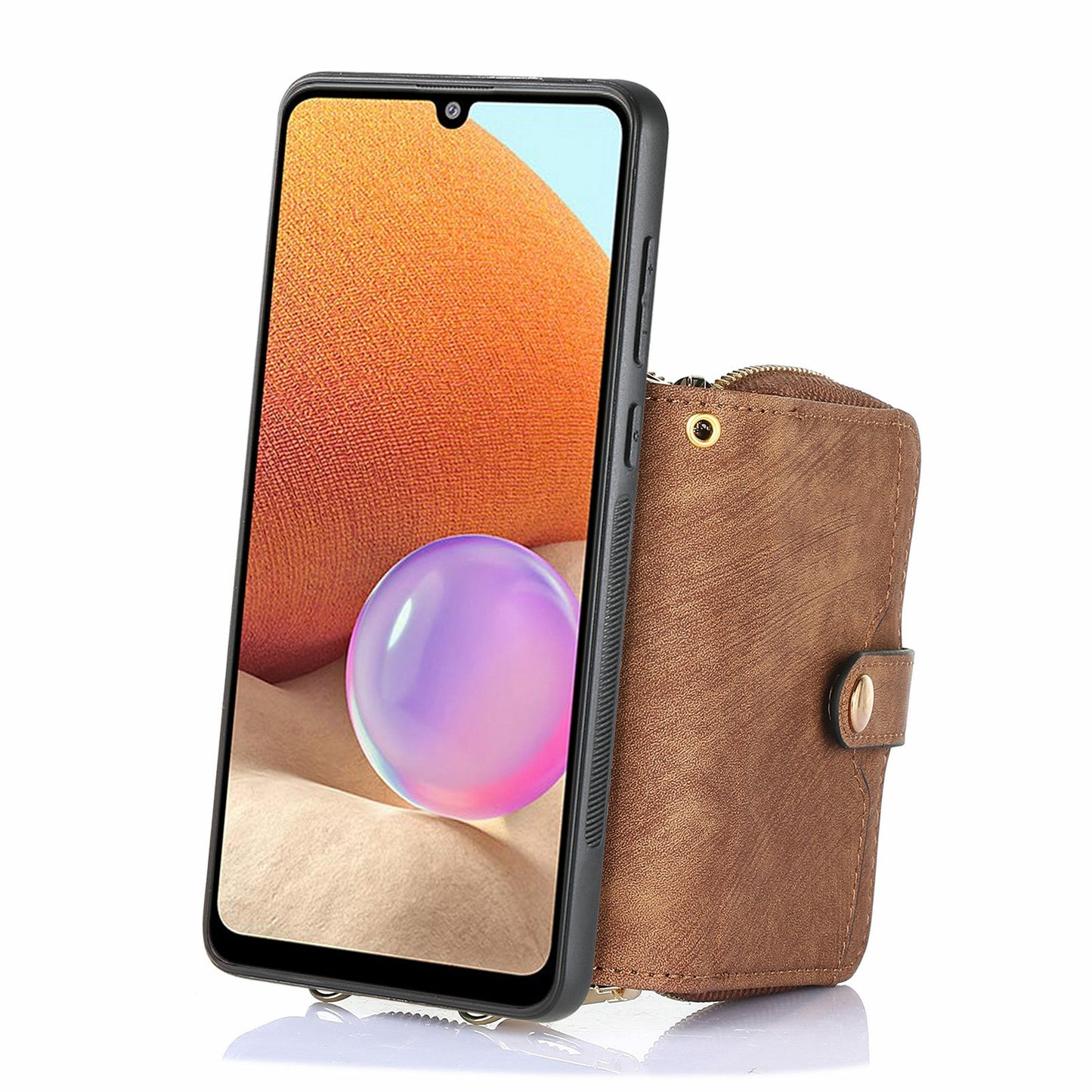 For Samsung Galaxy A06 Case Zipper Wallet Leather Phone Back Cover Kickstand with Shoulder Strap - Brown