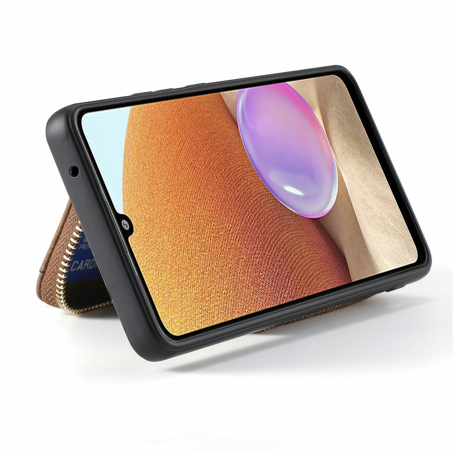 For Samsung Galaxy A06 Case Zipper Wallet Leather Phone Back Cover Kickstand with Shoulder Strap - Brown