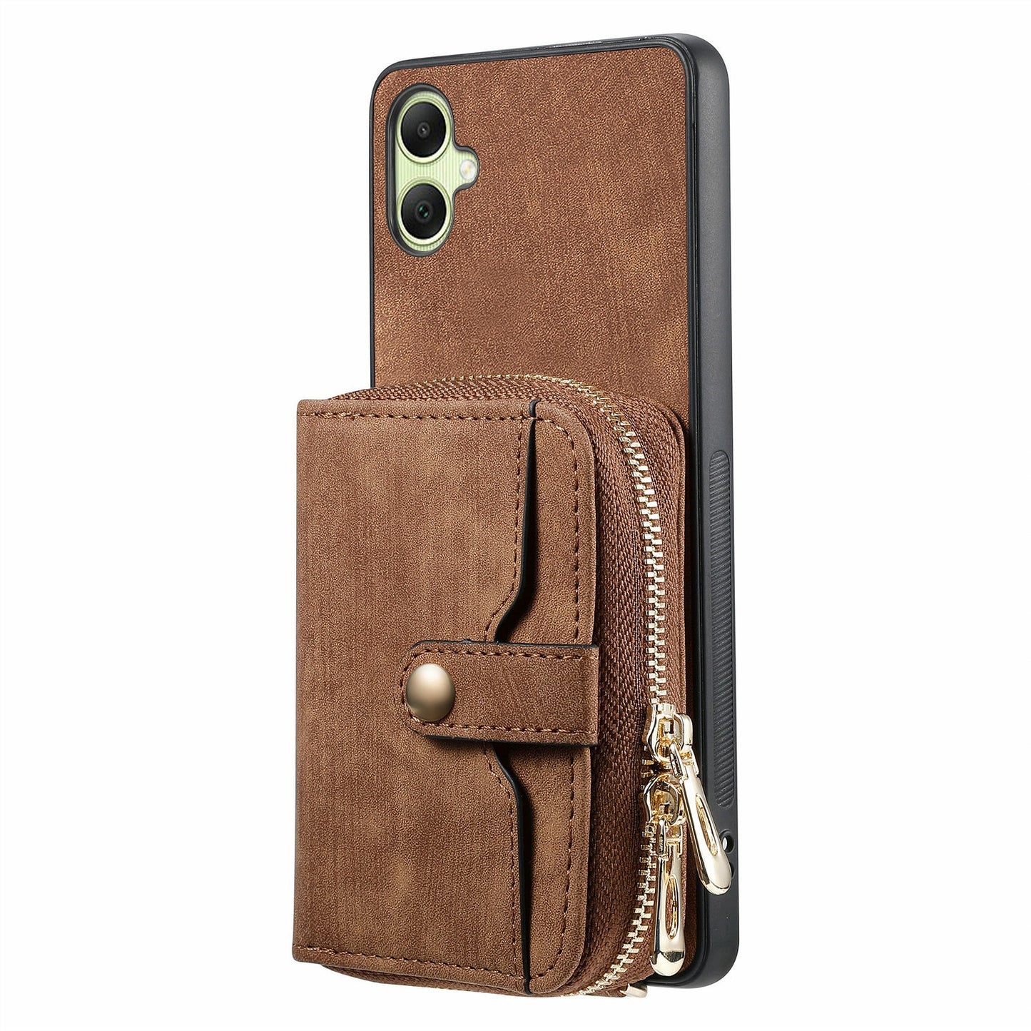 For Samsung Galaxy A06 Case Zipper Wallet Leather Phone Back Cover Kickstand with Shoulder Strap - Brown