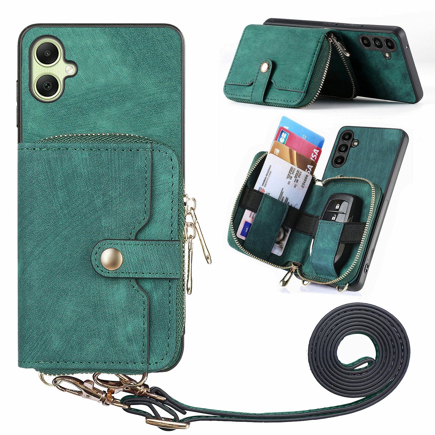For Samsung Galaxy A06 Case Zipper Wallet Leather Phone Back Cover Kickstand with Shoulder Strap - Green