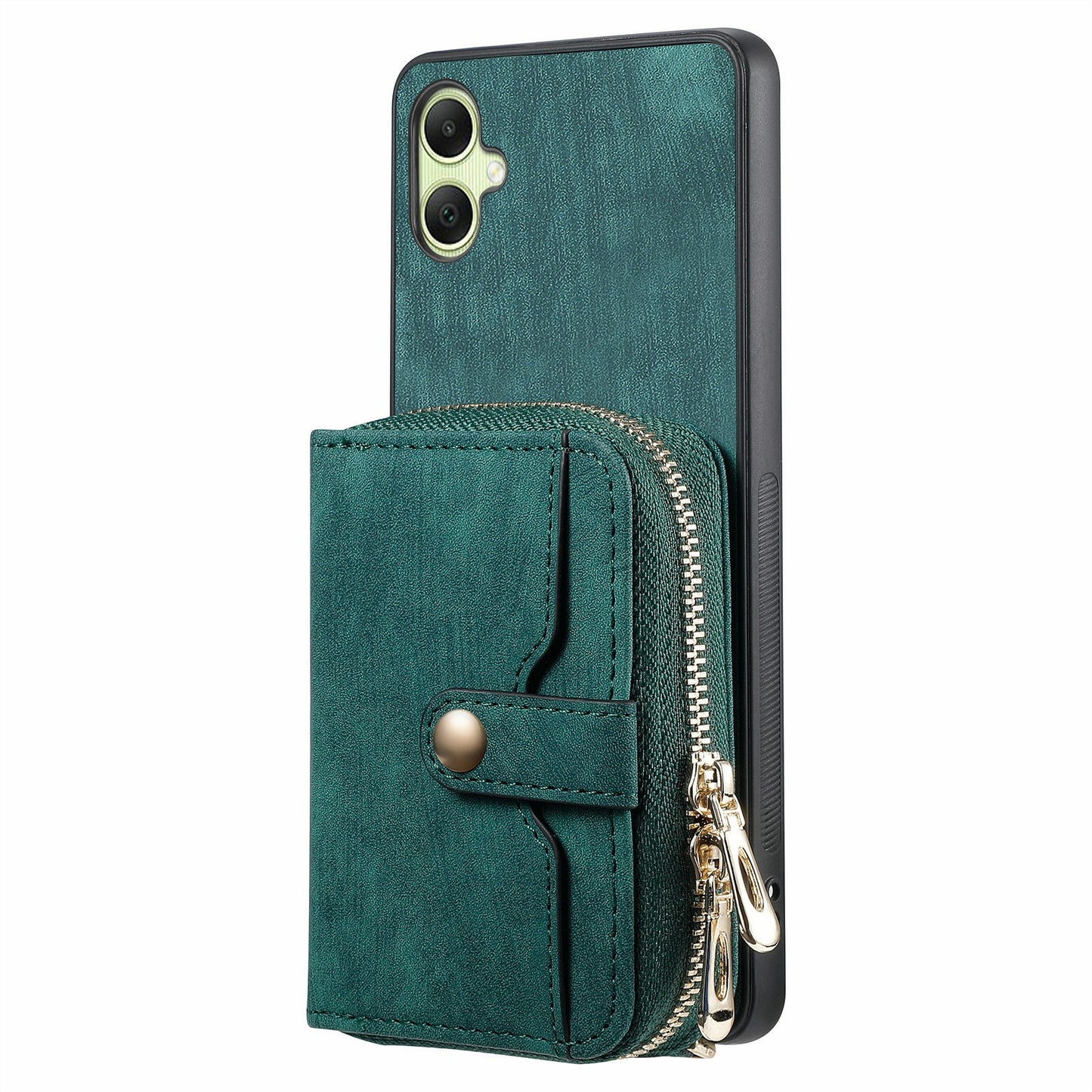 For Samsung Galaxy A06 Case Zipper Wallet Leather Phone Back Cover Kickstand with Shoulder Strap - Green