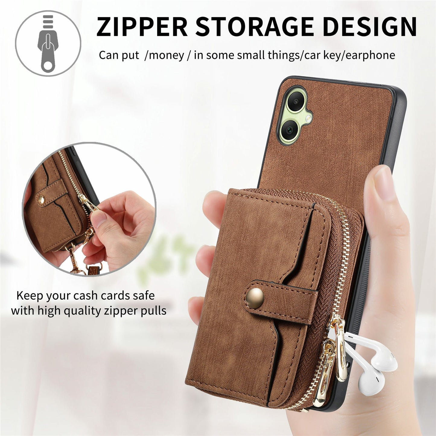 For Samsung Galaxy A06 Case Zipper Wallet Leather Phone Back Cover Kickstand with Shoulder Strap - Green