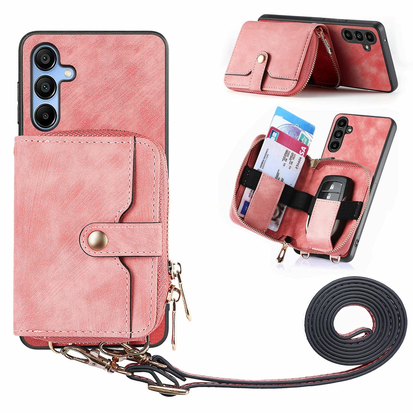 For Samsung Galaxy A16 5G / A16 4G Case Zipper Wallet Leather Phone Back Cover Kickstand with Shoulder Strap - Pink