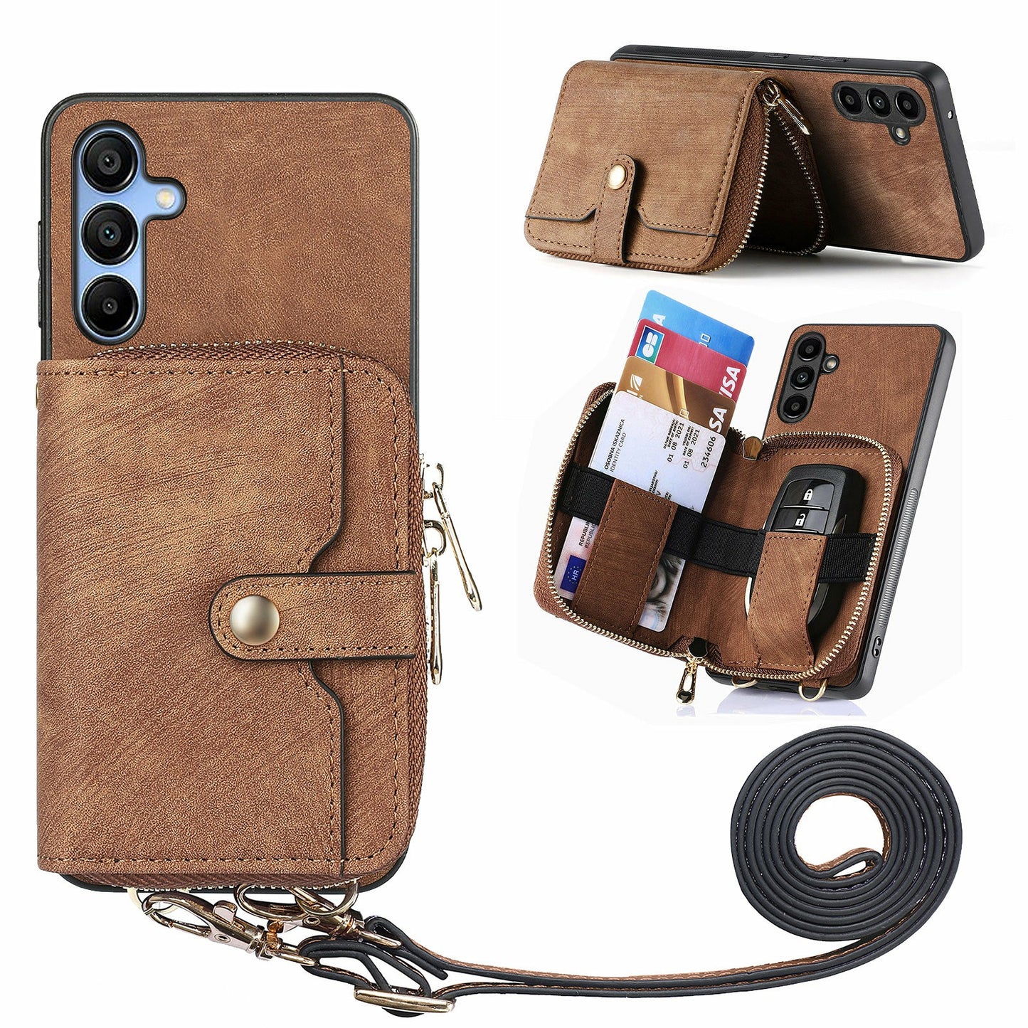 For Samsung Galaxy A16 5G / A16 4G Case Zipper Wallet Leather Phone Back Cover Kickstand with Shoulder Strap - Brown