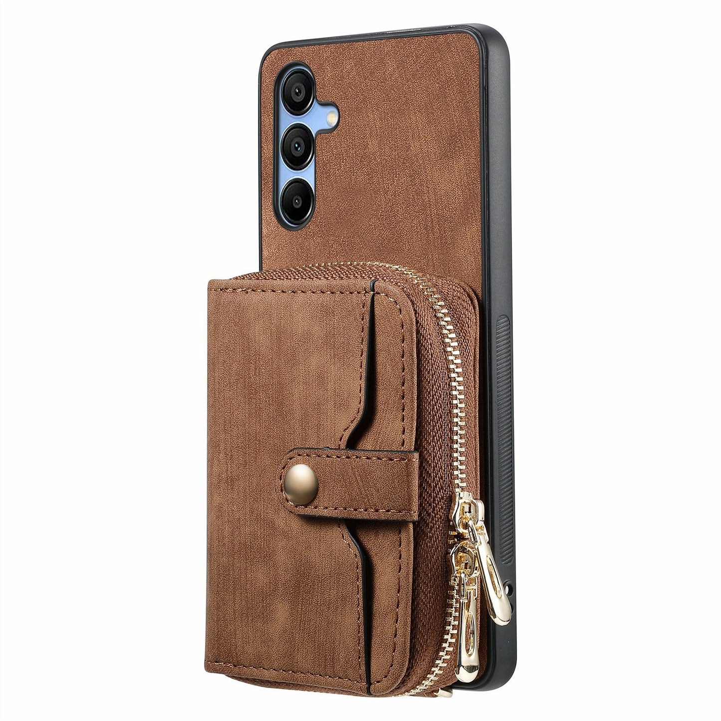 For Samsung Galaxy A16 5G / A16 4G Case Zipper Wallet Leather Phone Back Cover Kickstand with Shoulder Strap - Brown
