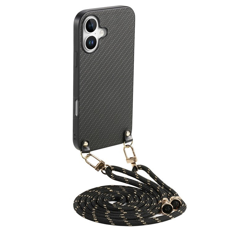 For iPhone 16 Case Carbon Fiber Texture Hybrid Phone Back Cover with Adjustable Strap - Black