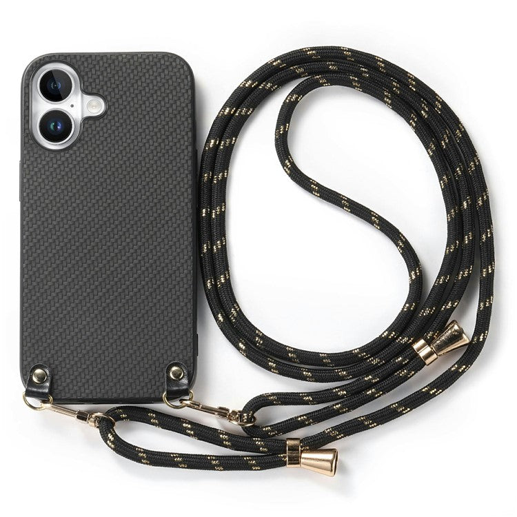 For iPhone 16 Case Carbon Fiber Texture Hybrid Phone Back Cover with Adjustable Strap - Black