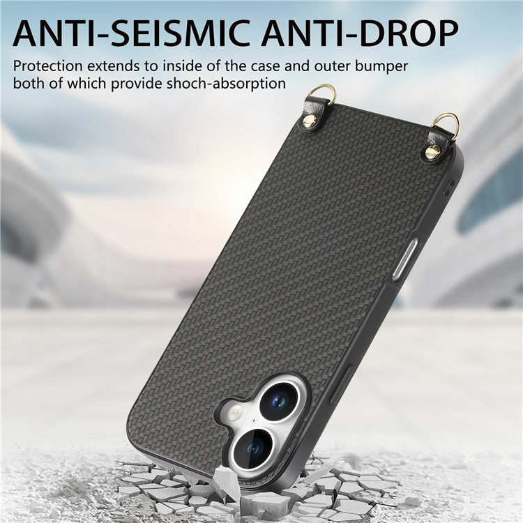 For iPhone 16 Case Carbon Fiber Texture Hybrid Phone Back Cover with Adjustable Strap - Black