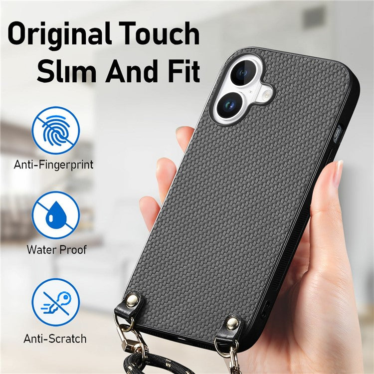 For iPhone 16 Case Carbon Fiber Texture Hybrid Phone Back Cover with Adjustable Strap - Black