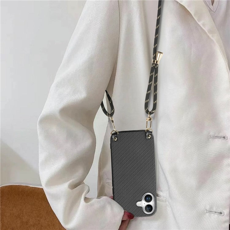 For iPhone 16 Case Carbon Fiber Texture Hybrid Phone Back Cover with Adjustable Strap - Black