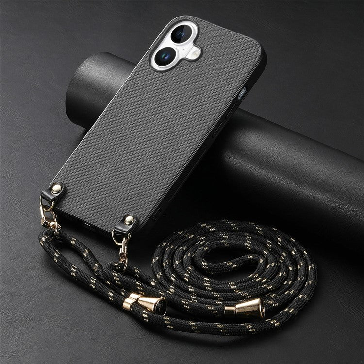 For iPhone 16 Case Carbon Fiber Texture Hybrid Phone Back Cover with Adjustable Strap - Black