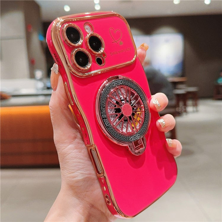 For iPhone 16 Pro Case Electroplating Gyro Design Kickstand Soft TPU Phone Cover - Rose