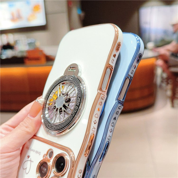 For iPhone 16 Pro Case Electroplating Gyro Design Kickstand Soft TPU Phone Cover - Rose