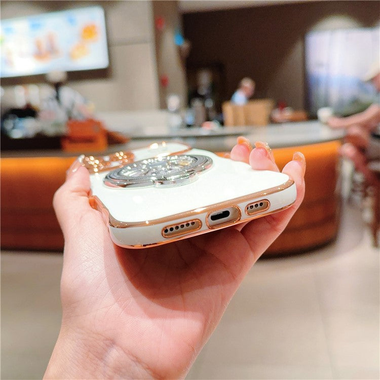 For iPhone 16 Pro Case Electroplating Gyro Design Kickstand Soft TPU Phone Cover - Rose