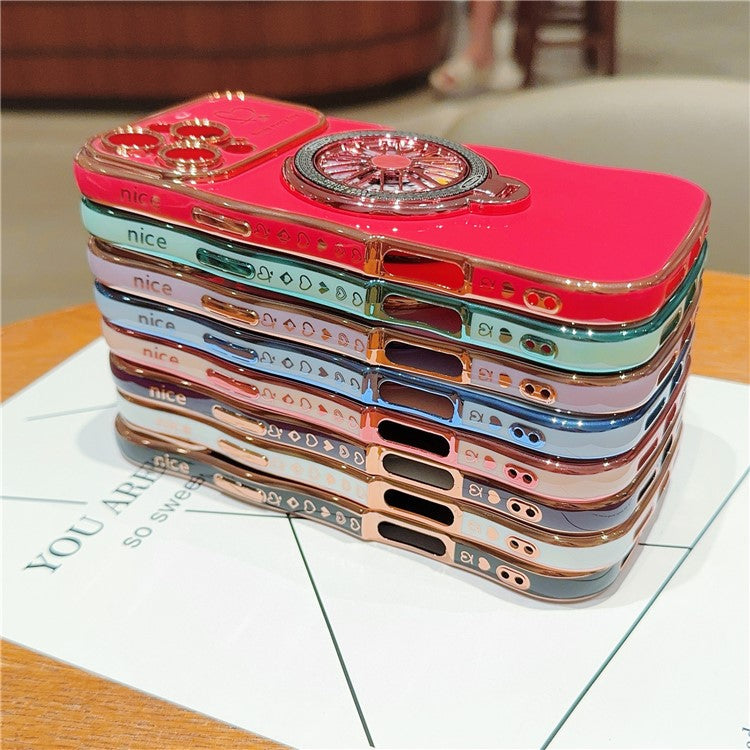 For iPhone 16 Pro Case Electroplating Gyro Design Kickstand Soft TPU Phone Cover - Rose